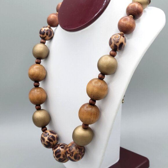 Wooden and Resin Beaded Necklace Animal Print Accents Wood Spacers 24" - Picture 3 of 9